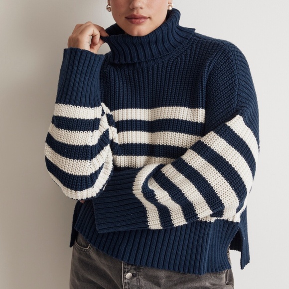 NWT Madewell Wide Rib Turtleneck Sweater | Women’s Large | Indigo Stripe Knit - Picture 1 of 10